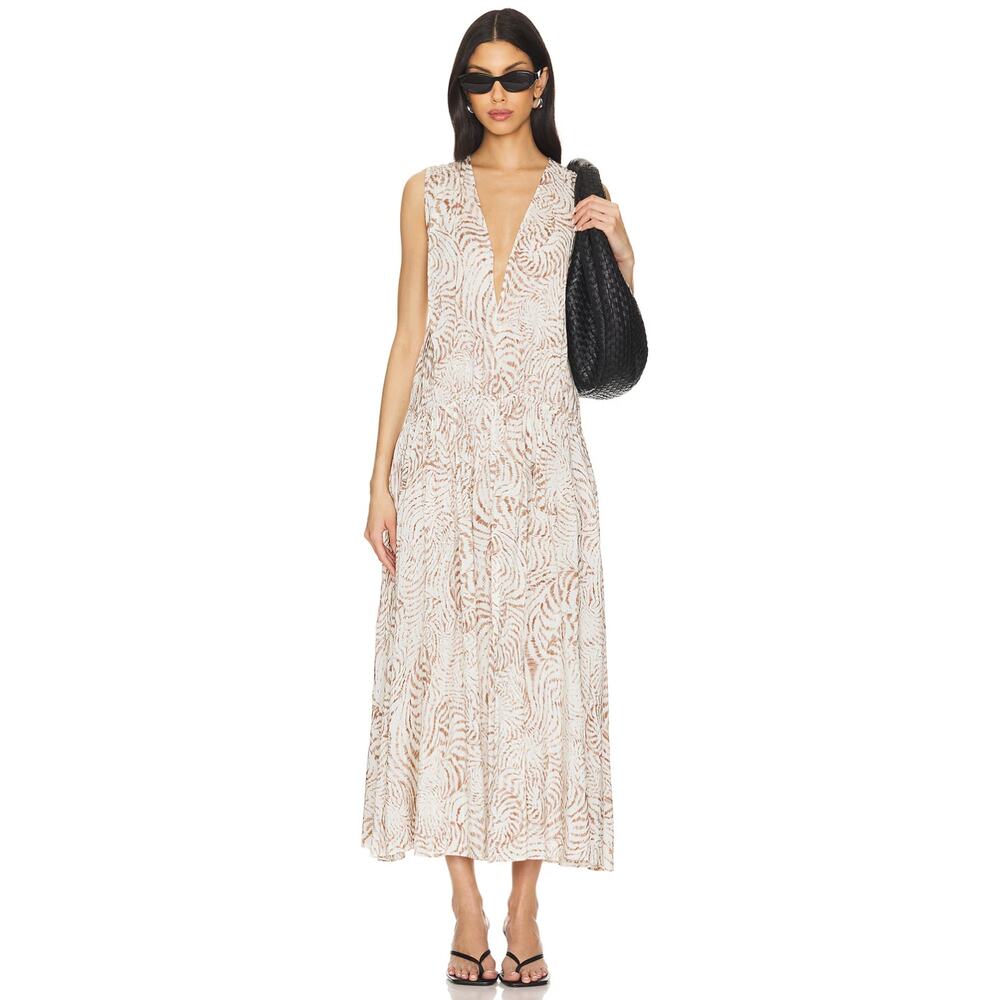 Anine Bing Mia Dress Seashell Print Cotton Blend Sleeveless Midi Dress Large